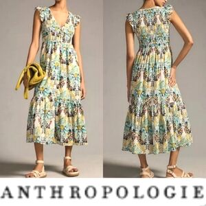 Anthropologie The Peregrine Midi Dress Floral Button up Ruffle Sleeve Casual NWT